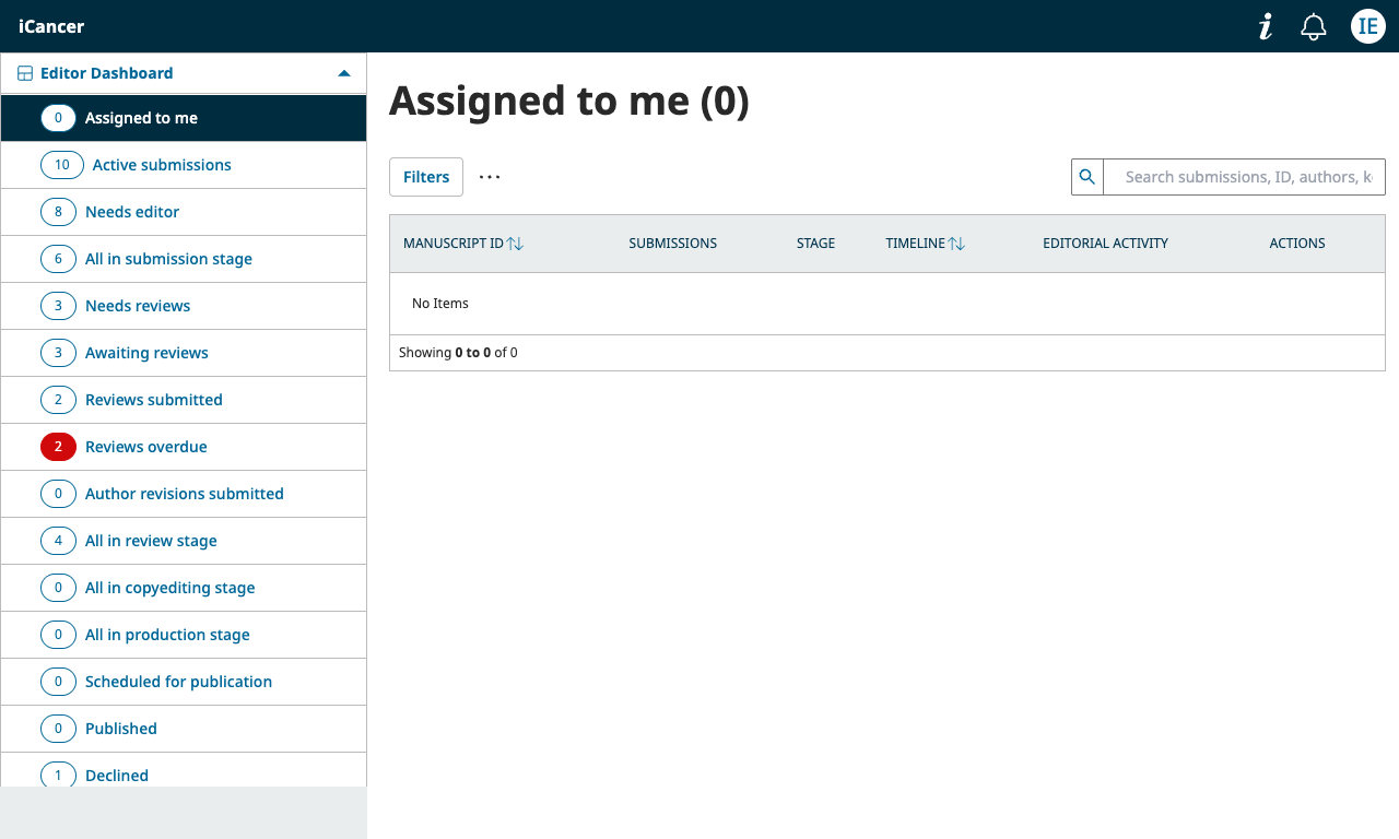 iCancer editor dashboard showing Assigned to me and workflow queue categories